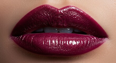 Obraz premium Sensual Close-up of Glossy Burgundy Lips with Wet Look and Reflective Shine.