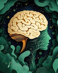 Green Human Profile with Golden Brain Maze and Cosmic Swirls