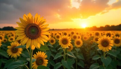 Obraz premium Majestic sunflower field bathed in the warm glow of sunrise, vibrant yellow petals reaching for the golden light A breathtaking scene of natural beauty and serenity , picturesque, flora