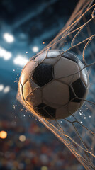 Soccer ball hitting the net with splashes in dynamic stadium scene  