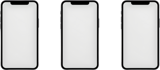 Three smartphones with blank screens, ready for content display. A modern minimalistic design with sleek black borders, ideal for showcasing app interfaces and website mockups