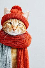 A ginger cat wearing a warm knitted hat and scarf on a light background. Fashion and style. Clothes for pets. Cold weather.	