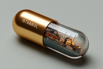 A golden capsule with a miniature cityscape of Istanbul inside. The word ISTANBUL is written on the capsule. The taste of travel and the atmosphere of an ancient city on the shores of the Bosphorus.