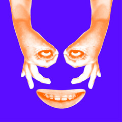 Surreal Halloween collage with orange hands forming eyes and creepy smiling mouth on vivid blue background. Abstract halftone spooky face for horror poster, party design, or digital art.