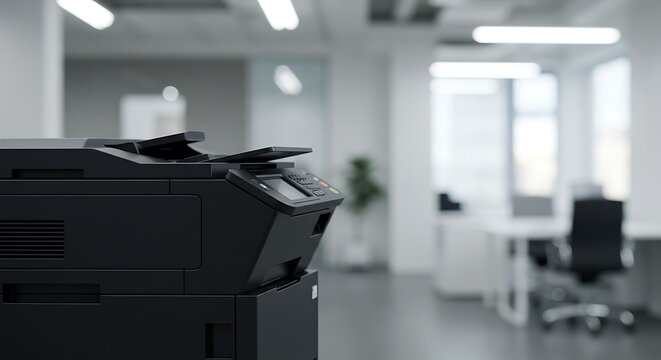 Sleek Black Office Printer in Sharp Focus Against a Bright, Blurred Corporate Interior