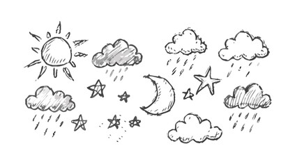 Hand drawn sun moon clouds and stars weather