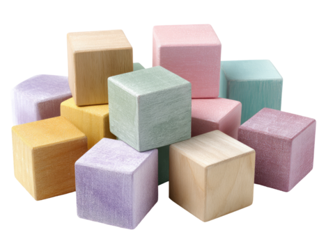 Pastel-colored wooden building blocks in various shades of light pastel colors, including beige, lavender, mint, and peach, arranged in a pile