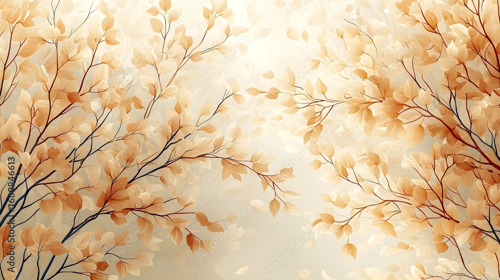 Poster soft and delicate autumn leaves on tree branches illuminated by a warm glow creating a beautiful nat