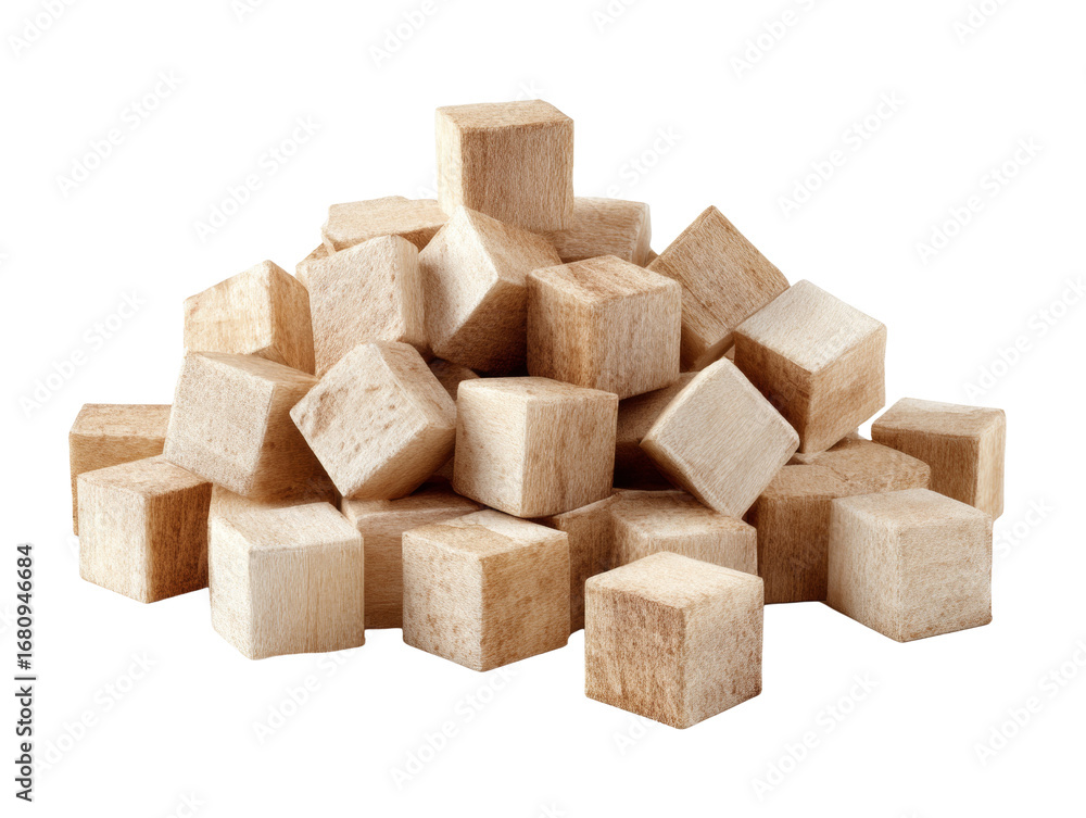 Poster pile of textured wooden cubes isolated on a transparent background create abstract sculpture form
