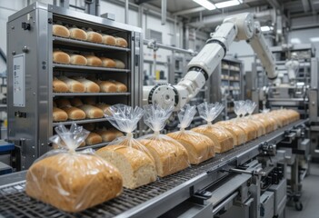 Línea de producción de pan automatizada amasando la masa, horneando panes y cortando el pan antes del envasado robótico en bolsas de plástico
