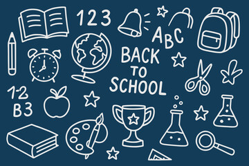 Hand drawn back to school doodles art supplies studying elements chalkboard style pattern globe book pencil backpack bell laboratory science cup learning education and drawing