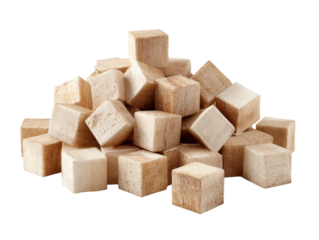 Pile of textured wooden cubes isolated on a transparent background create abstract sculpture form