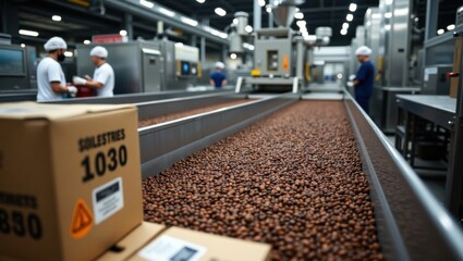 Planta automatizada de tostado de granos de café con controles de temperatura precisos. Cintas transportadoras transportan los granos a través de las máquinas de envasado para su distribución