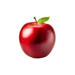Ripe red apple glossy skin with leaf and stem, closeup food photography showing fresh texture and natural shine