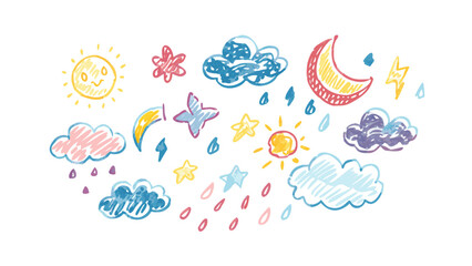 Hand drawn weather elements crayon style moon clouds