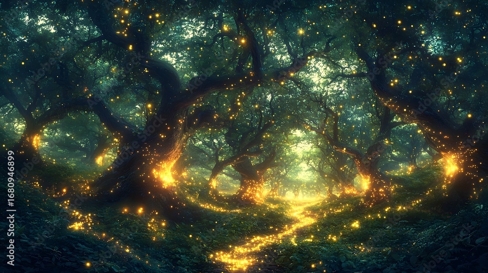 Poster a mystical forest scene with ancient trees and a glowing path illuminated by countless magical firef