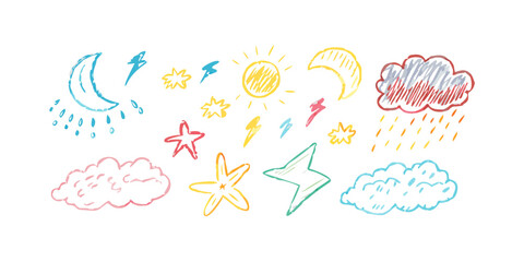 Hand drawn weather icons crayon style moon clouds