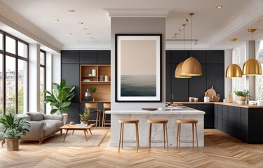 Fototapeta premium Modern open kitchen and living room with stylish decor elements and large window views