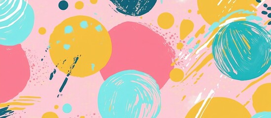 Abstract pattern of vibrant circles and brushstrokes on a pastel pink background