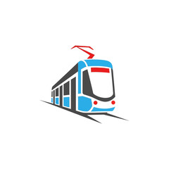 Naklejka premium Modern electric tram public transport vehicle, illustration of a blue and grey tram with a red front light on a white background, symbolizing urban travel and transit