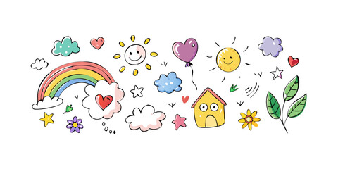 Happy doodle elements with rainbow and sun clouds hearts
