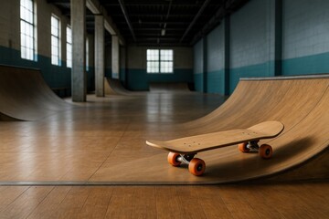 Wooden Skate Park Awaits Thrills with ramp showing texture, a skateboard sits poised for action in the sunlit indoor concrete arena.