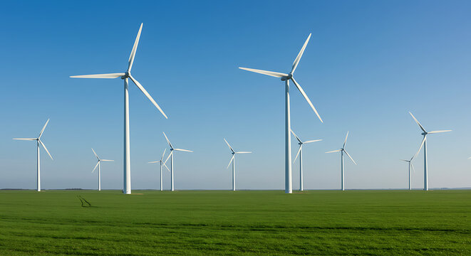 Wind turbines stand tall in a vibrant green field under a clear blue sky