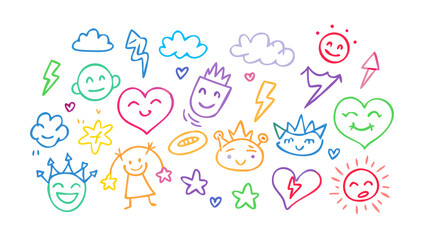 Happy faces clouds lightning bolts stars hearts vector