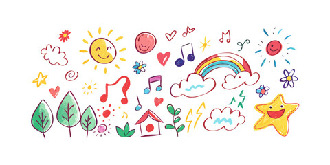 Happy suns rainbow clouds music notes stars and trees