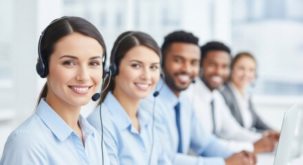 Smiling customer service team with headsets in an office setting