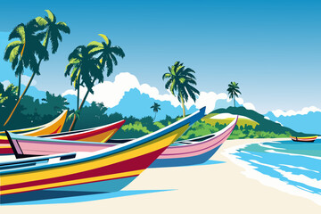 tropical beach scene with colorful boats and palm trees