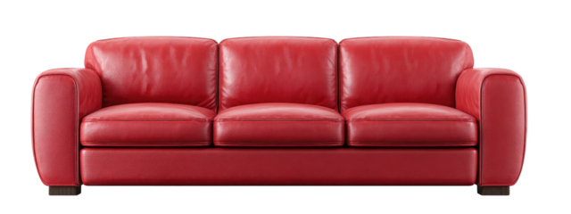 Red leather three-seater sofa with sculpted arms