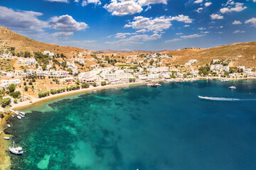 The beach and village of Grikos in Patmos, Greece