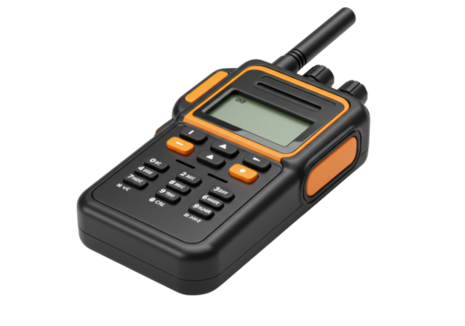 Isolated modern black and orange two-way radio communication portable device for transmitting signal