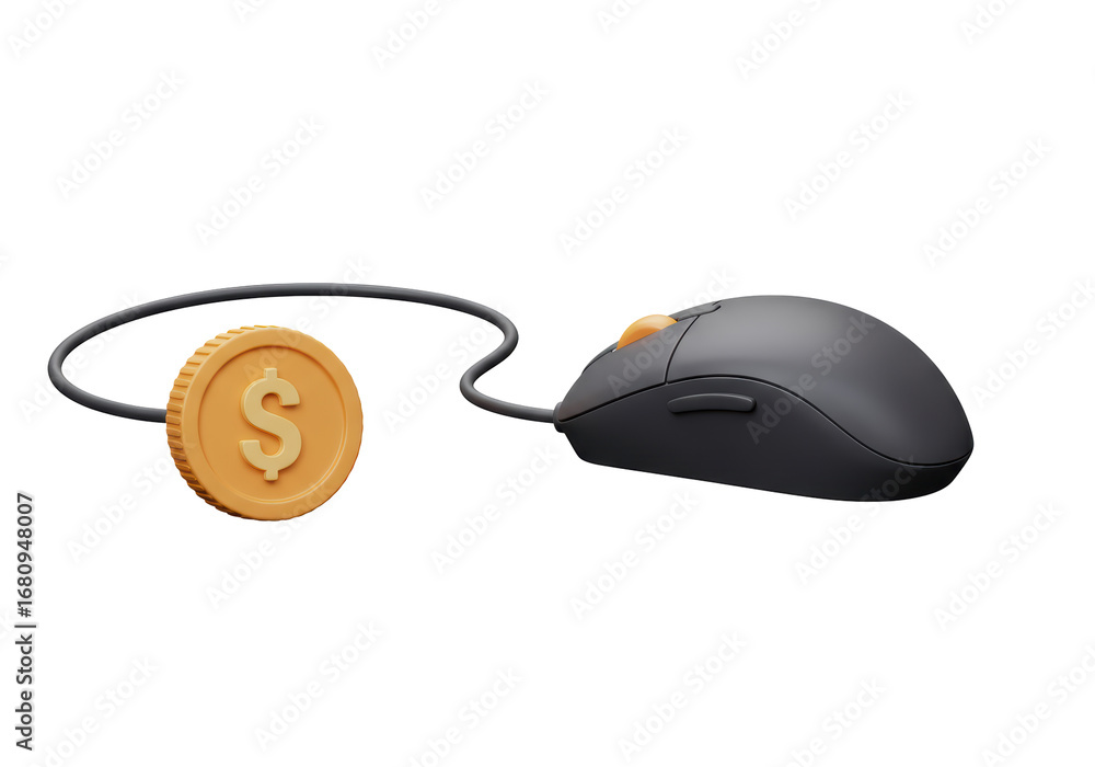 Fototapete Isolated rendering of a computer mouse connected to a digital coin for online payment