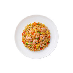 Shrimp fried rice with peas corn and bell pepper, appetizing top view on white plate, colorful savory meal