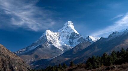 Snow-capped mountain against blue sky, trees in foreground. Beautiful vista