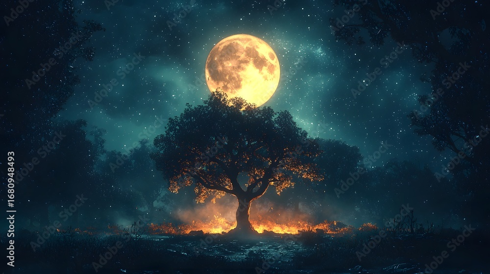 Poster a magnificent tree stands illuminated by a golden full moon and an ethereal glow at its base in a my