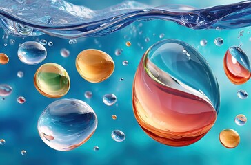 Dynamic colorful bubbles floating in a serene blue underwater environment