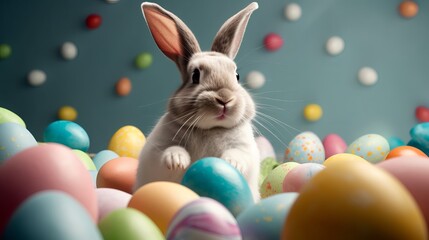 Happy Easter Bunny with many colorful easter eggs 