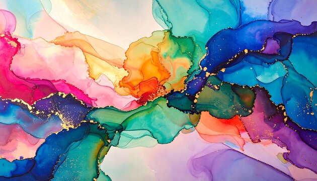 A vibrant abstract piece showcases a captivating blend of flowing colors, creating a mesmerizing visual experience.  The interplay of hues and gold accents produces a stunning design.