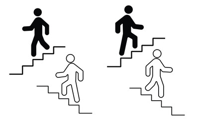 Man walking stairs up and down icon. Stairway direction information symbol. Sign navigation staircase vector. Career symbol. Business success sign.  Vector illustration.