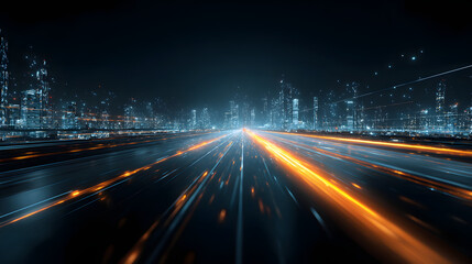 Futuristic digital highway with data streams flowingthrough the night, represeting fast communication, tchnology, and modern connetivity, Generative Ai