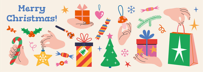 Festive Christmas set with gifts, hands, ornaments, holiday tree, candy cane and decorative elements. Trendy modern vector illustration isolated on light background, hand drawn, flat design
