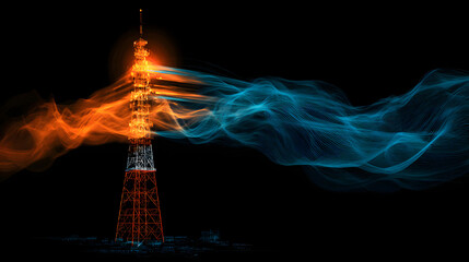 Telecommunication tower glwing with bright blue-orane digital waves, representng data transmission, wireess connectivity, and futuistic telecom energy, Geneative AI
