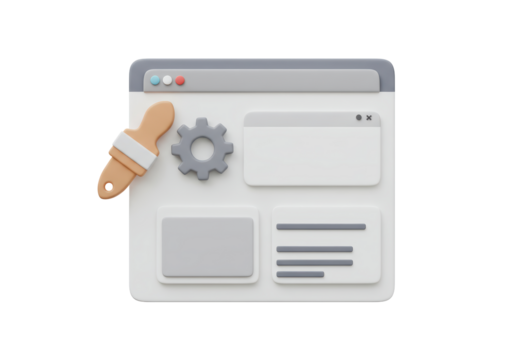 Isolated rendering of a web design mockup interface with paint brush and gear