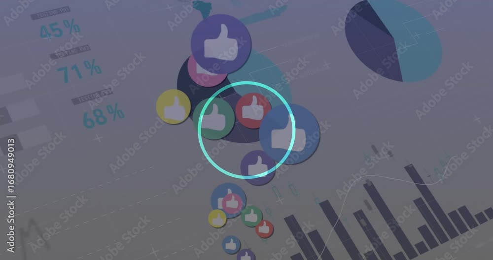 Aufkleber animation of multiple like icons floating over statistical data processing against grey background