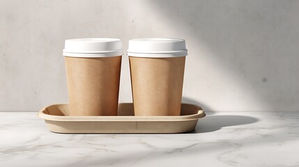 Cardboard Coffee Cup Carrier Tray Holding Two Plain Paper Coffee Cups With White Lids, Placed On A Clean Marble Surface. Both Cups And Tray Are Logo-Free