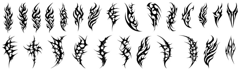Collection of Tribal Tattoo Designs. A set of 16 unique tribal tattoo designs, featuring intricate patterns in black ink on a white background.