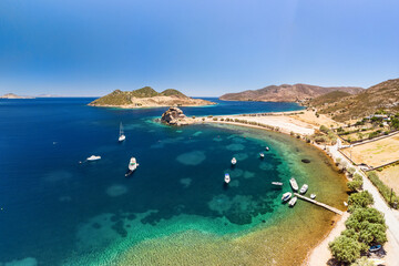 Petra Beach and Tragonisi Islet in Patmos, Greece